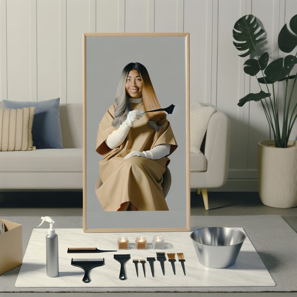 A woman applying highlights at home, sitting in front of a mirror with hair dye tools scattered around